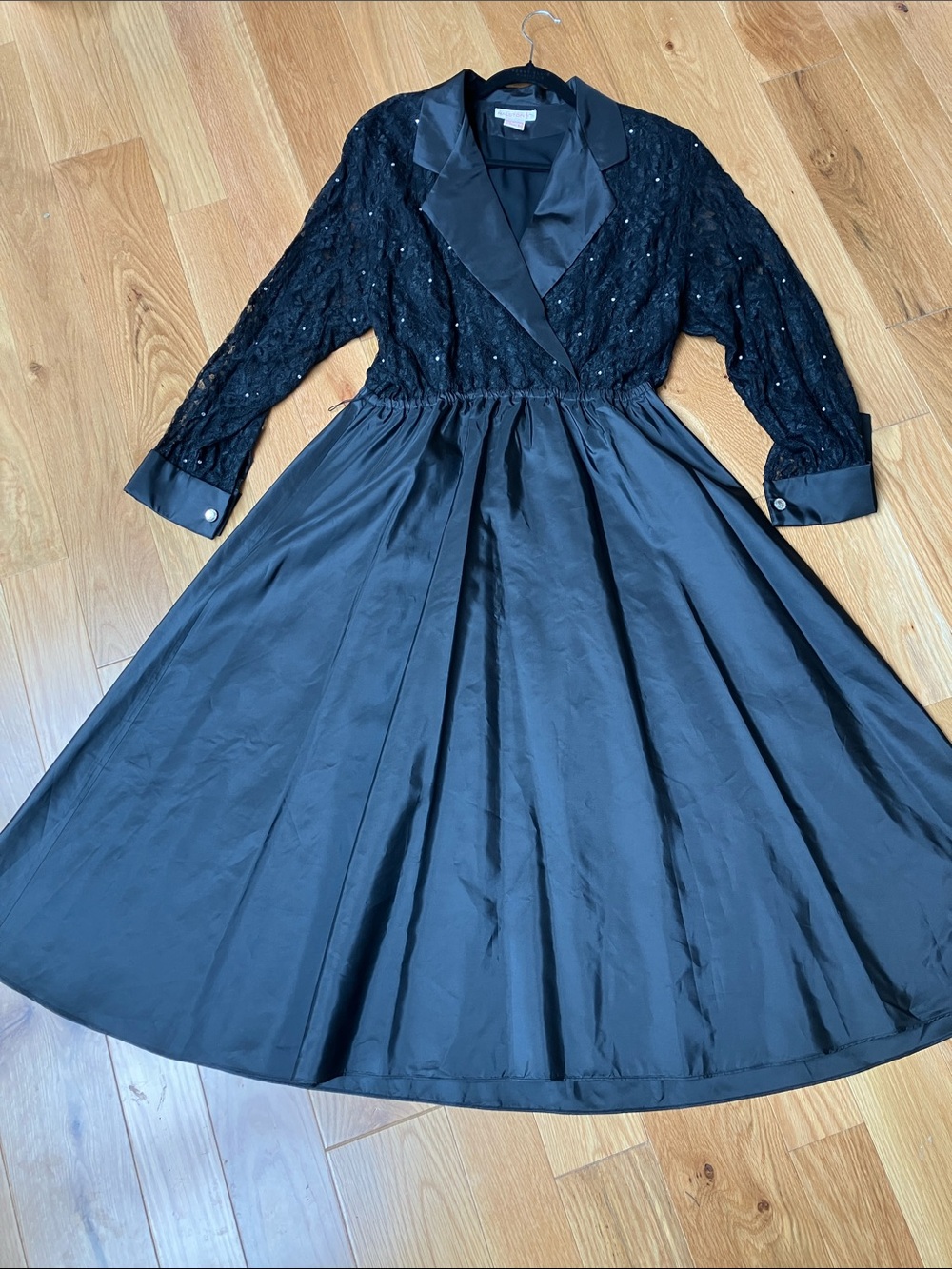 Halston Heritage Black Long-Sleeve Sequin Bodice Satin Skirt Dress